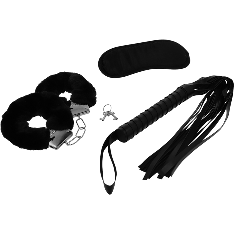FETISH SET ERÓTICO 1 CON ESPOSAS, ANTIFAZ Y LÁTIGO DE CUERO VEGANO - Mi tienda