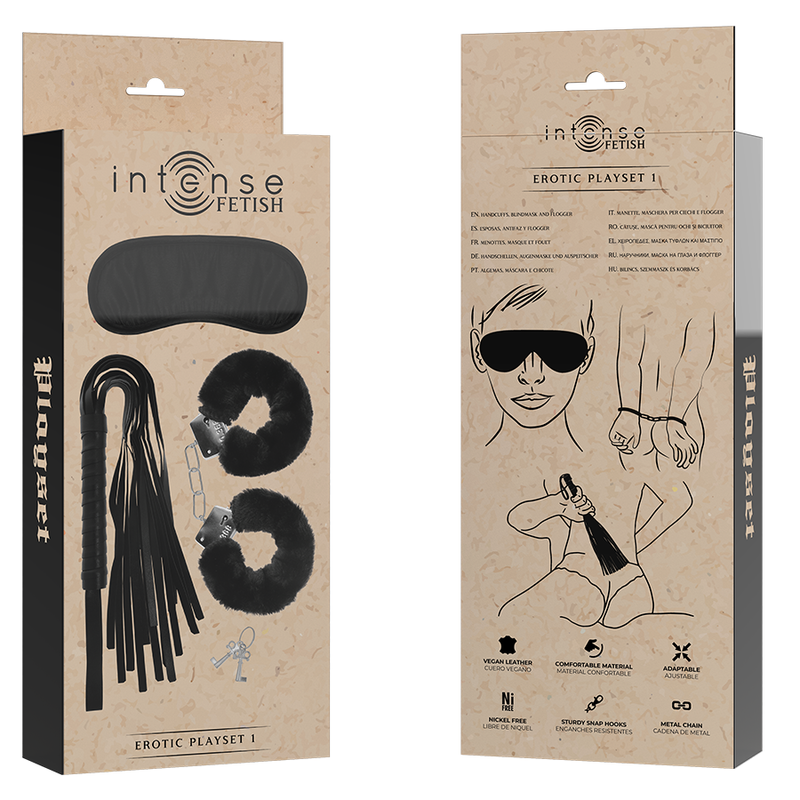FETISH SET ERÓTICO 1 CON ESPOSAS, ANTIFAZ Y LÁTIGO DE CUERO VEGANO - Mi tienda