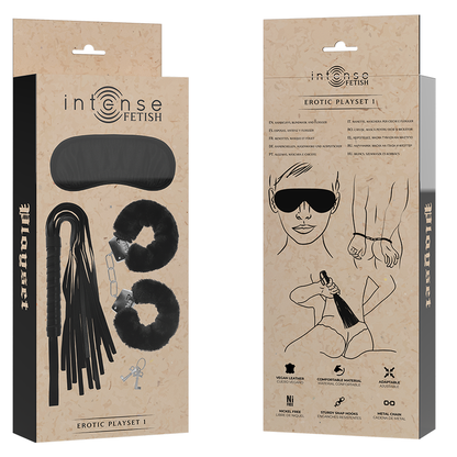 FETISH SET ERÓTICO 1 CON ESPOSAS, ANTIFAZ Y LÁTIGO DE CUERO VEGANO - Mi tienda