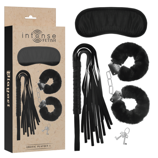 FETISH SET ERÓTICO 1 CON ESPOSAS, ANTIFAZ Y LÁTIGO DE CUERO VEGANO - Mi tienda